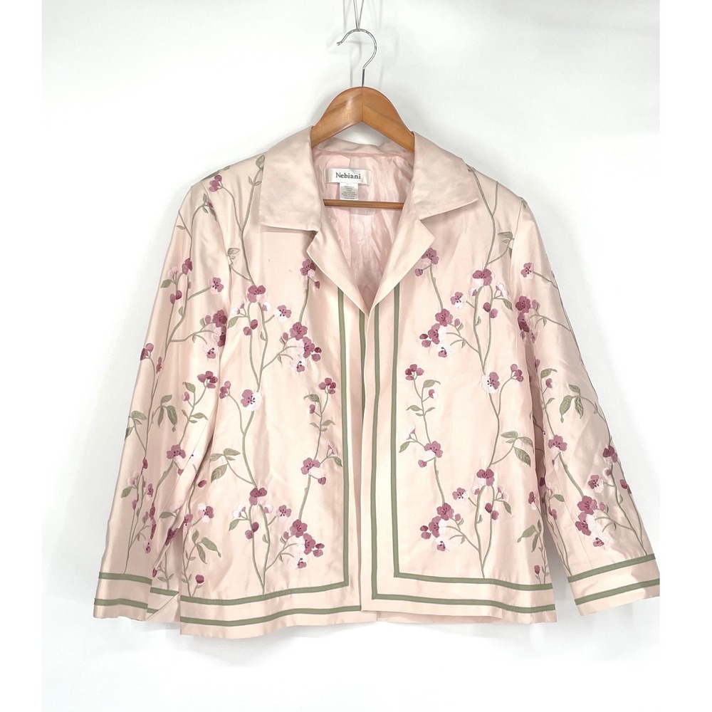 Nebiani Womens Jacket L Open Front Pink 100% Silk Floral Embroidered Blazer